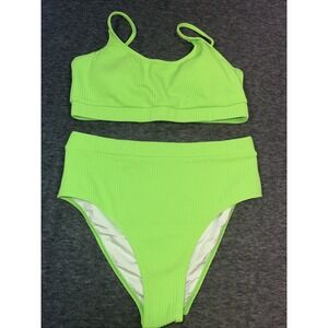 Lilosy High Waisted Tummy Control Ribbed Bikini Crop Top Neon Green Size Large